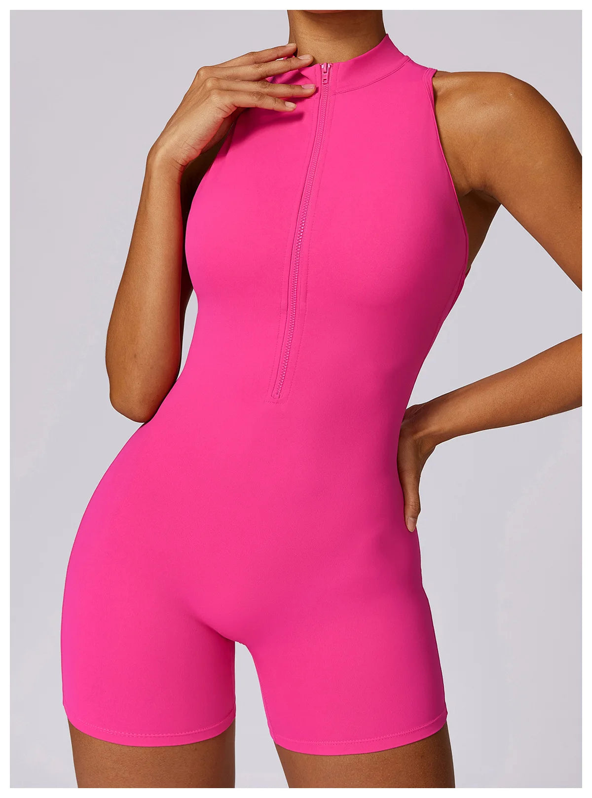 V Back Scrunch Sports Jumpsuit Sleeveless Zipper One-Piece Gym Romper