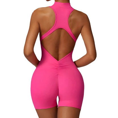 V Back Scrunch Sports Jumpsuit Sleeveless Zipper One-Piece Gym Romper