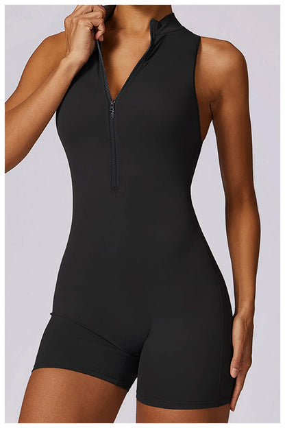 V Back Scrunch Sports Jumpsuit Sleeveless Zipper One-Piece Gym Romper