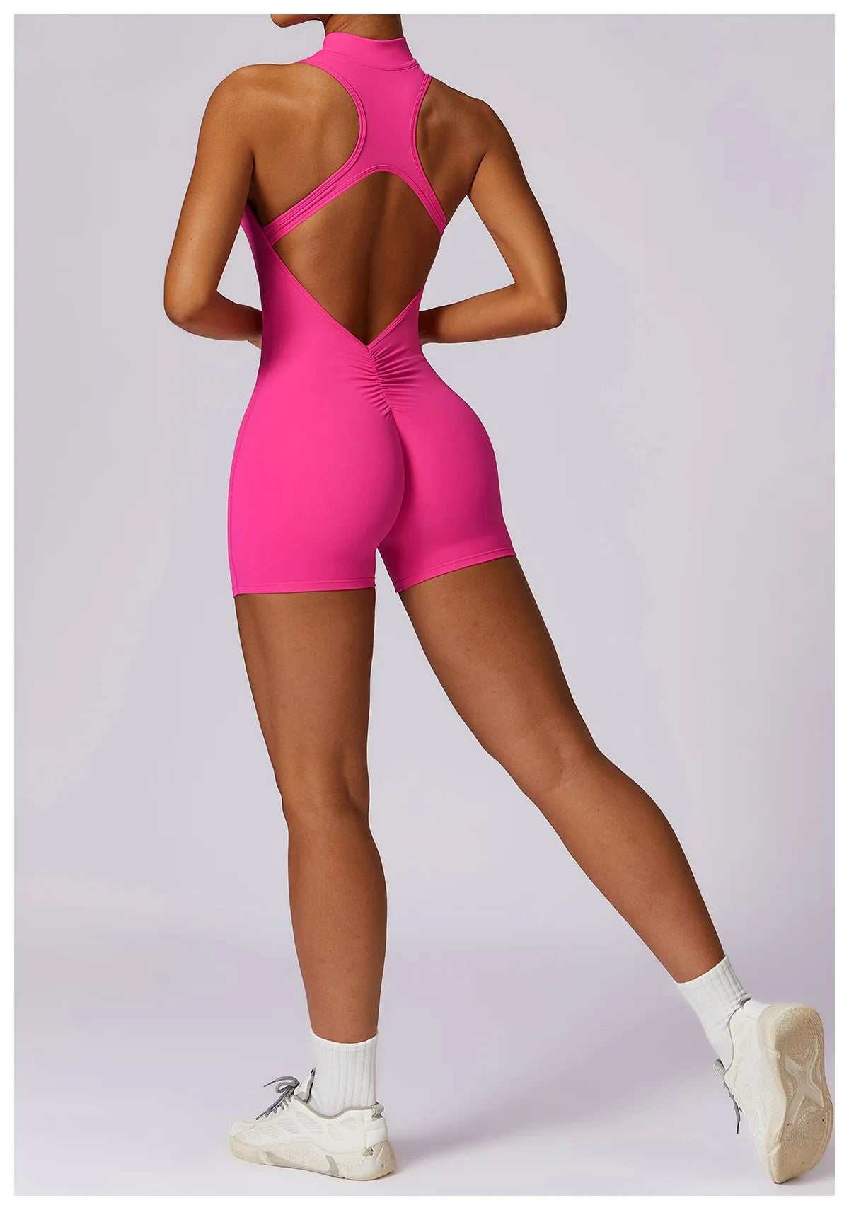 V Back Scrunch Sports Jumpsuit Sleeveless Zipper One-Piece Gym Romper