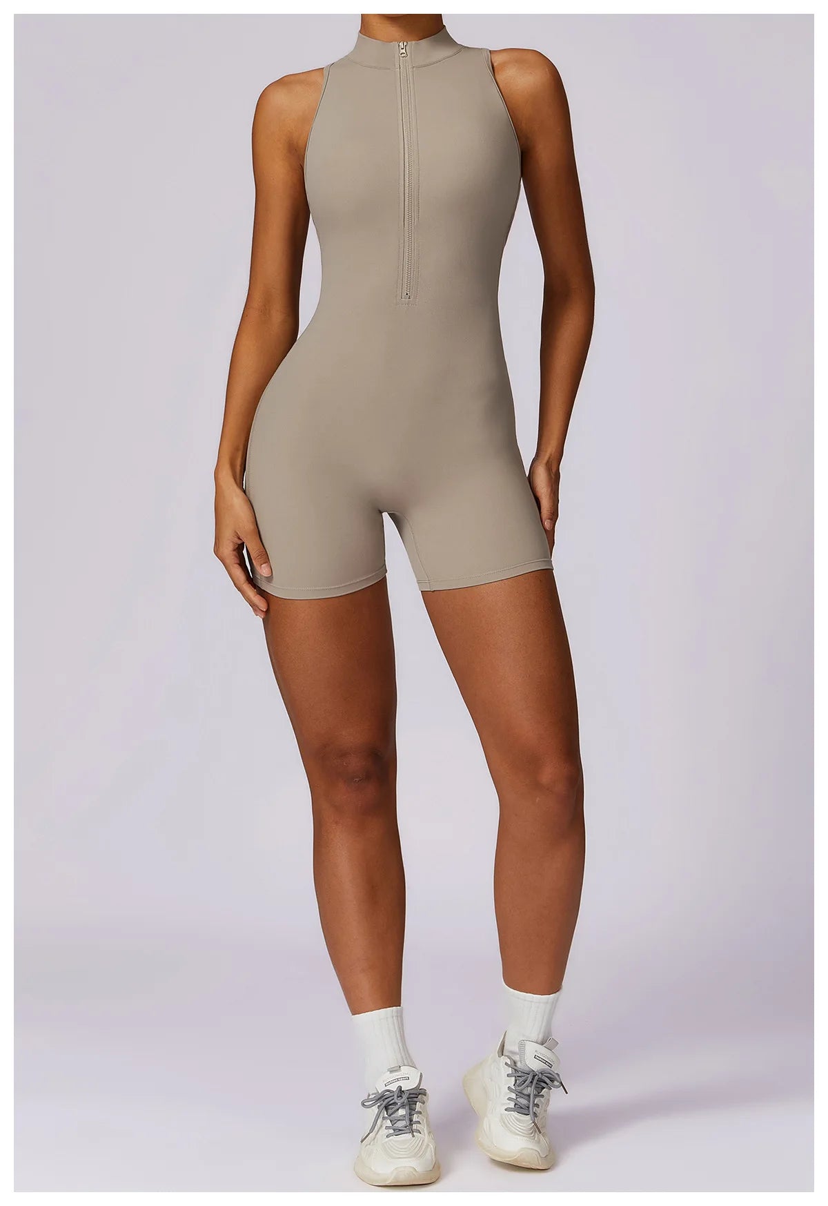 V Back Scrunch Sports Jumpsuit Sleeveless Zipper One-Piece Gym Romper