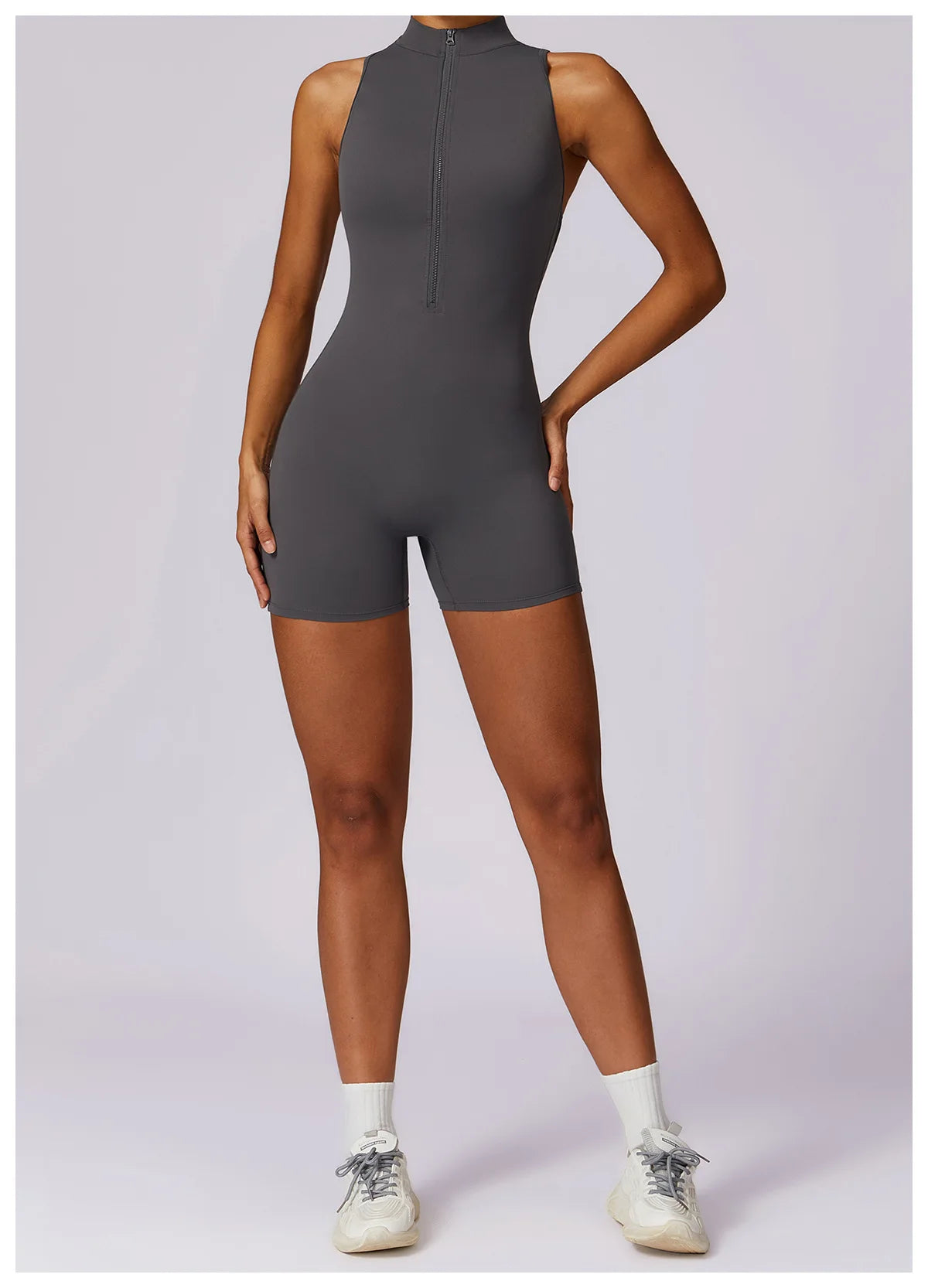 V Back Scrunch Sports Jumpsuit Sleeveless Zipper One-Piece Gym Romper