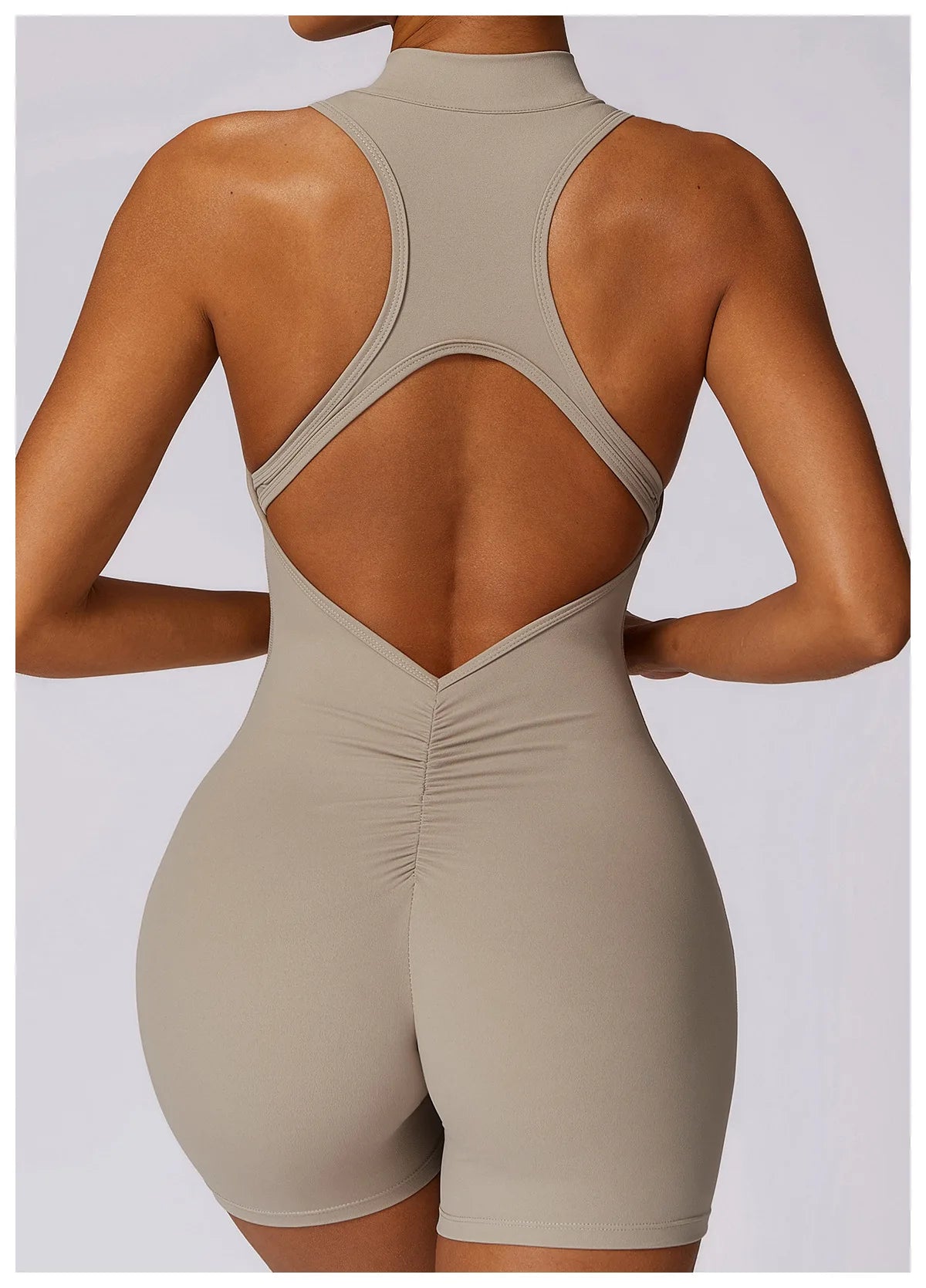 V Back Scrunch Sports Jumpsuit Sleeveless Zipper One-Piece Gym Romper