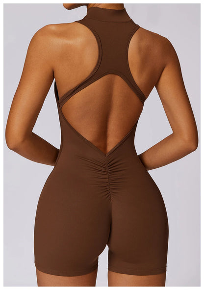 V Back Scrunch Sports Jumpsuit Sleeveless Zipper One-Piece Gym Romper