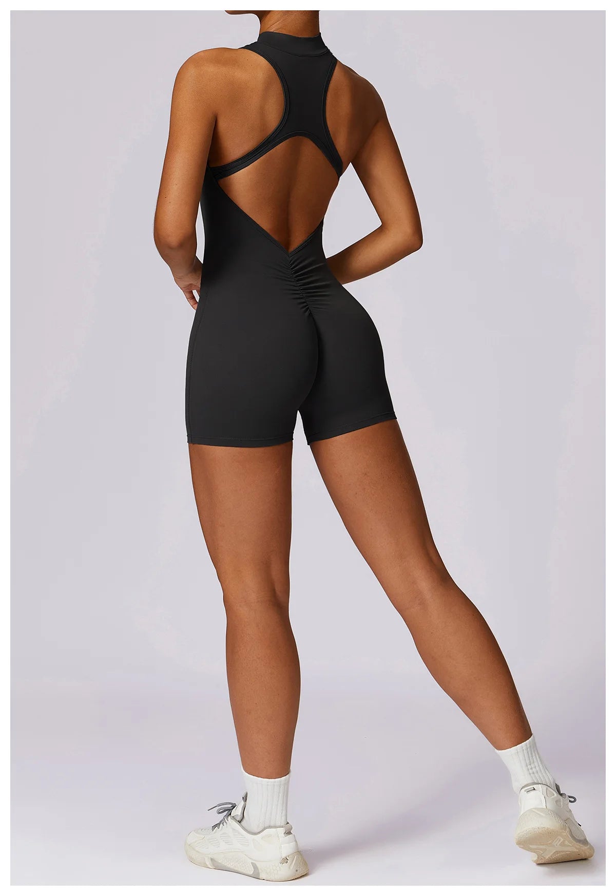 V Back Scrunch Sports Jumpsuit Sleeveless Zipper One-Piece Gym Romper