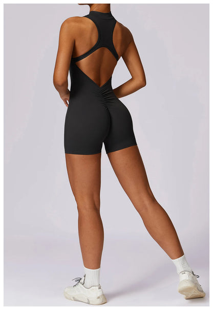 V Back Scrunch Sports Jumpsuit Sleeveless Zipper One-Piece Gym Romper