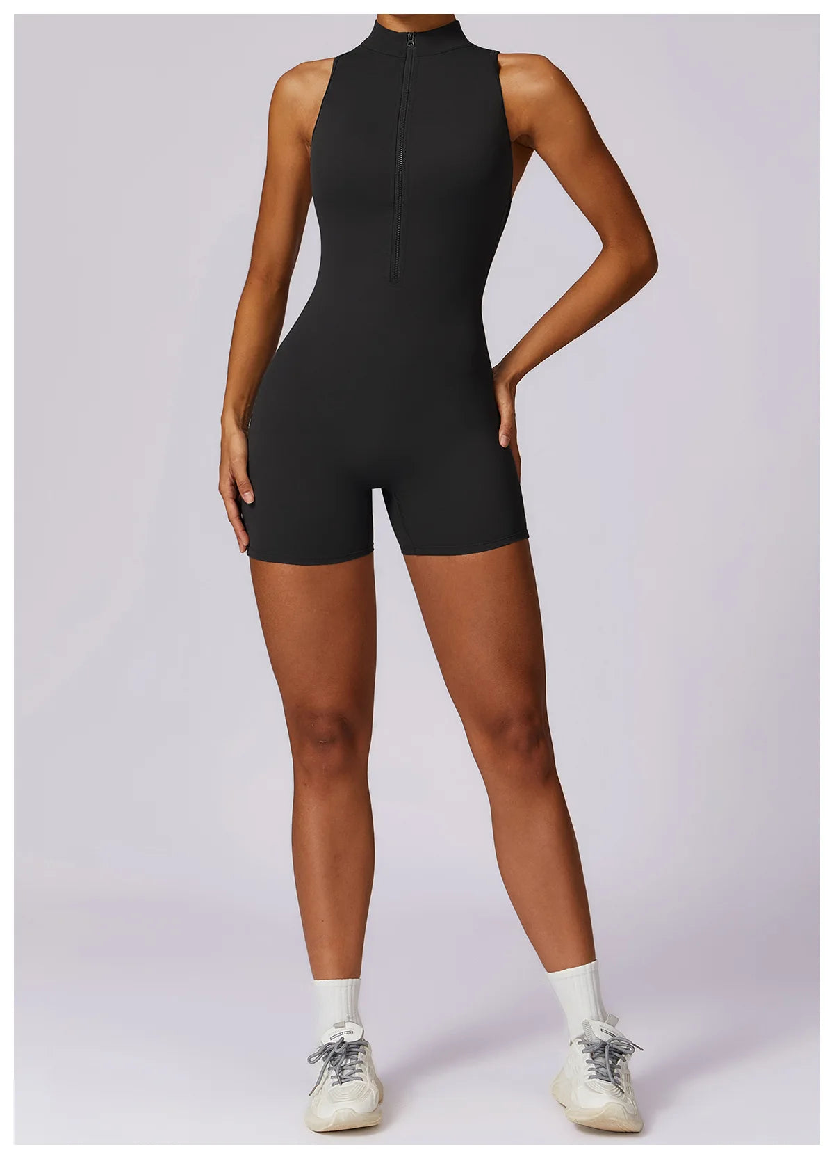 V Back Scrunch Sports Jumpsuit Sleeveless Zipper One-Piece Gym Romper