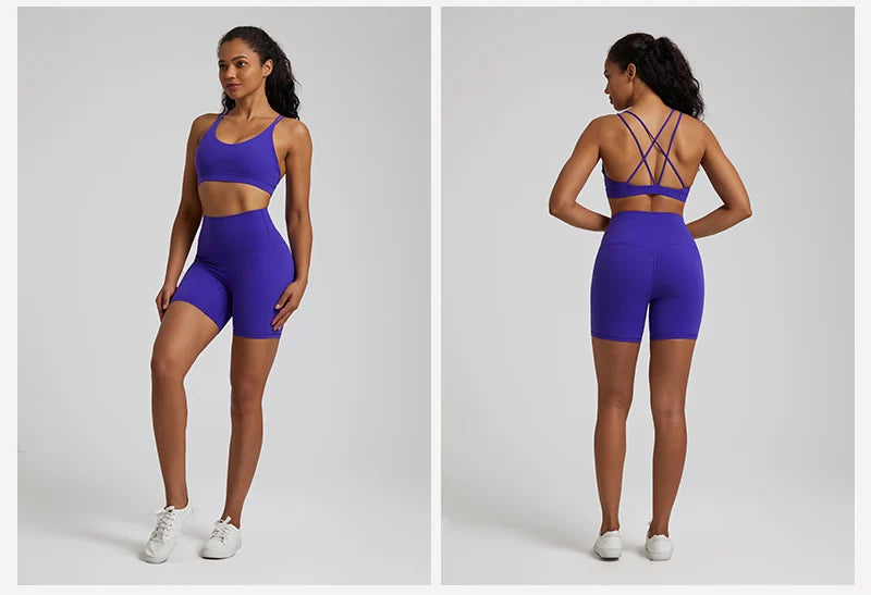 Naked Feel 2 Piece Gym Set High Waist Shorts and Strappy Sports Bra