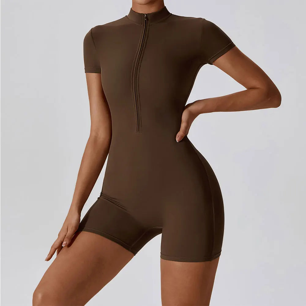 Women's One-Piece Yoga Set Zipper Short Sleeve Shorts Bodysuit