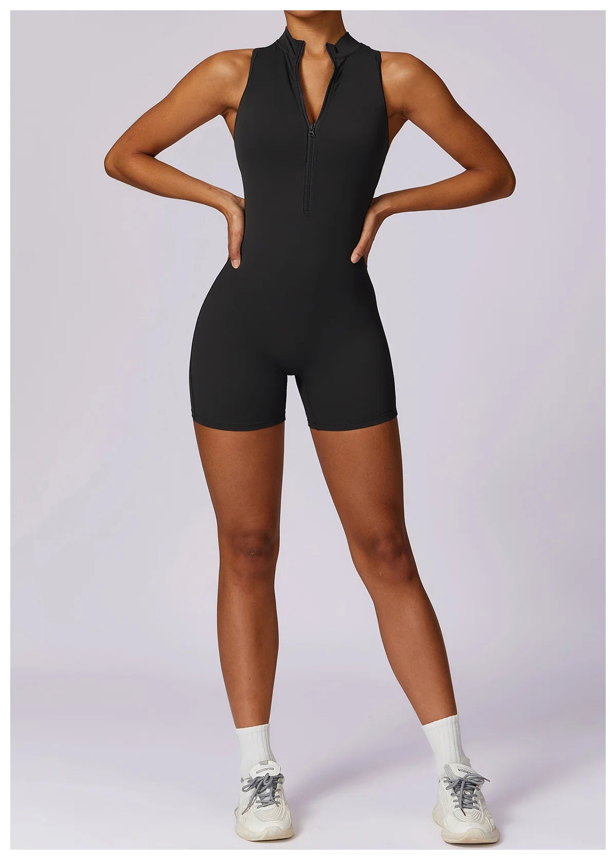 V Back Scrunch Sports Jumpsuit Sleeveless Zipper One-Piece Gym Romper