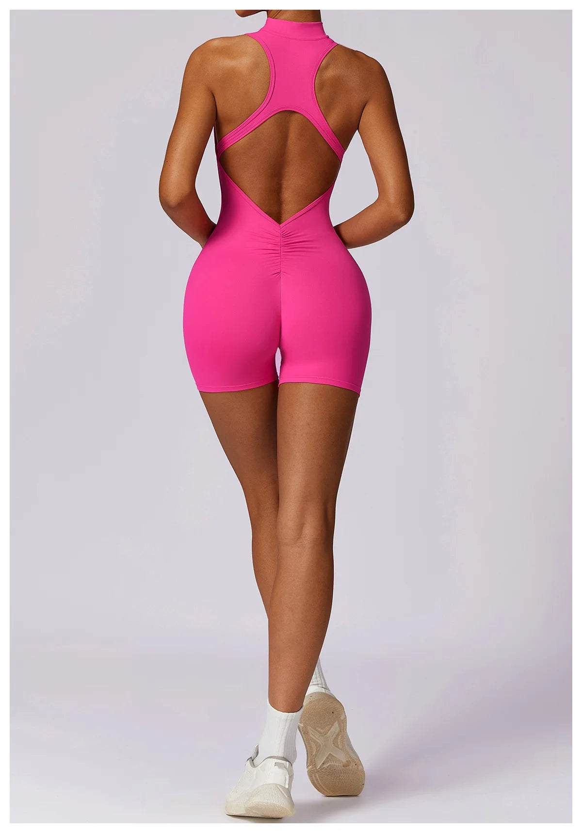 V Back Scrunch Sports Jumpsuit Sleeveless Zipper One-Piece Gym Romper