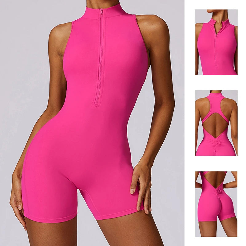 V Back Scrunch Sports Jumpsuit Sleeveless Zipper One-Piece Gym Romper