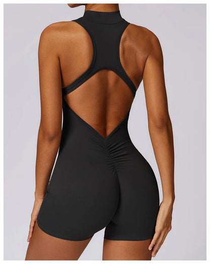 V Back Scrunch Sports Jumpsuit Sleeveless Zipper One-Piece Gym Romper