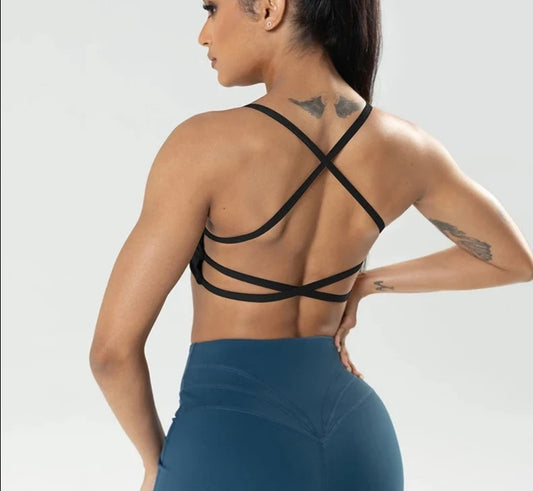 Seamless Sports Bra Scoop Neck Open Back Push Up Running Crop Top