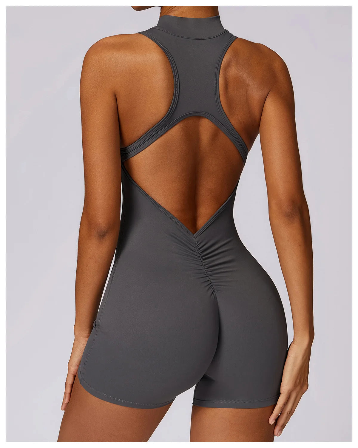 V Back Scrunch Sports Jumpsuit Sleeveless Zipper One-Piece Gym Romper