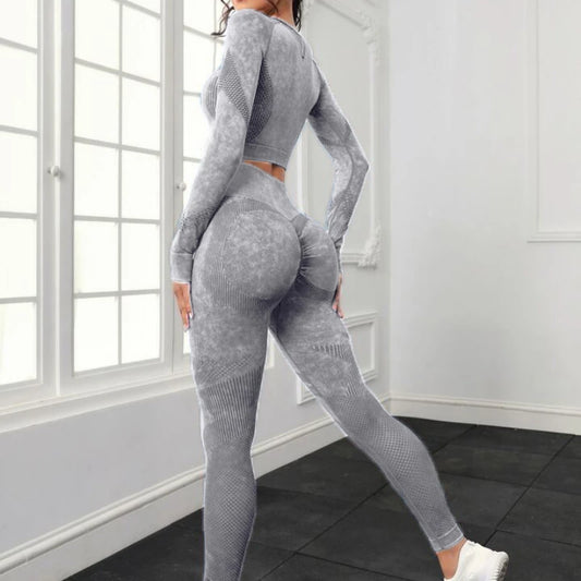 2 Piece Acid Wash  Seamless Long Sleeve Sports Suit