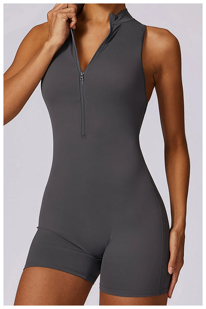 V Back Scrunch Sports Jumpsuit Sleeveless Zipper One-Piece Gym Romper