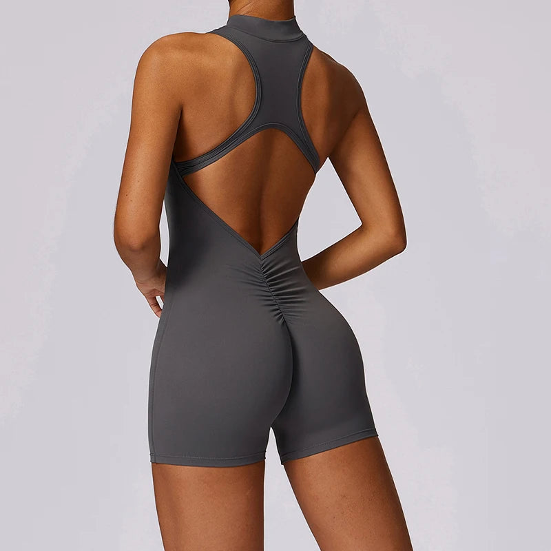 V Back Scrunch Sports Jumpsuit Sleeveless Zipper One-Piece Gym Romper