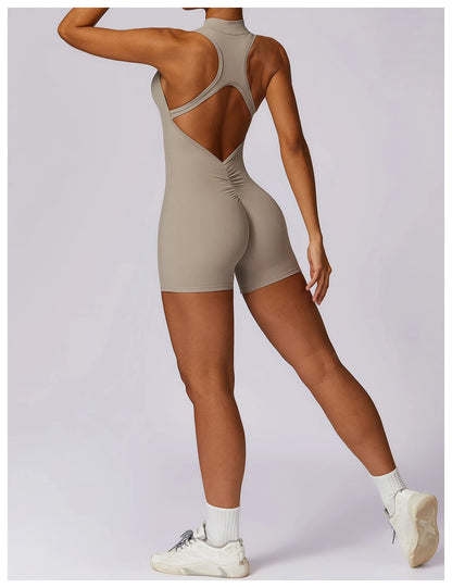 V Back Scrunch Sports Jumpsuit Sleeveless Zipper One-Piece Gym Romper