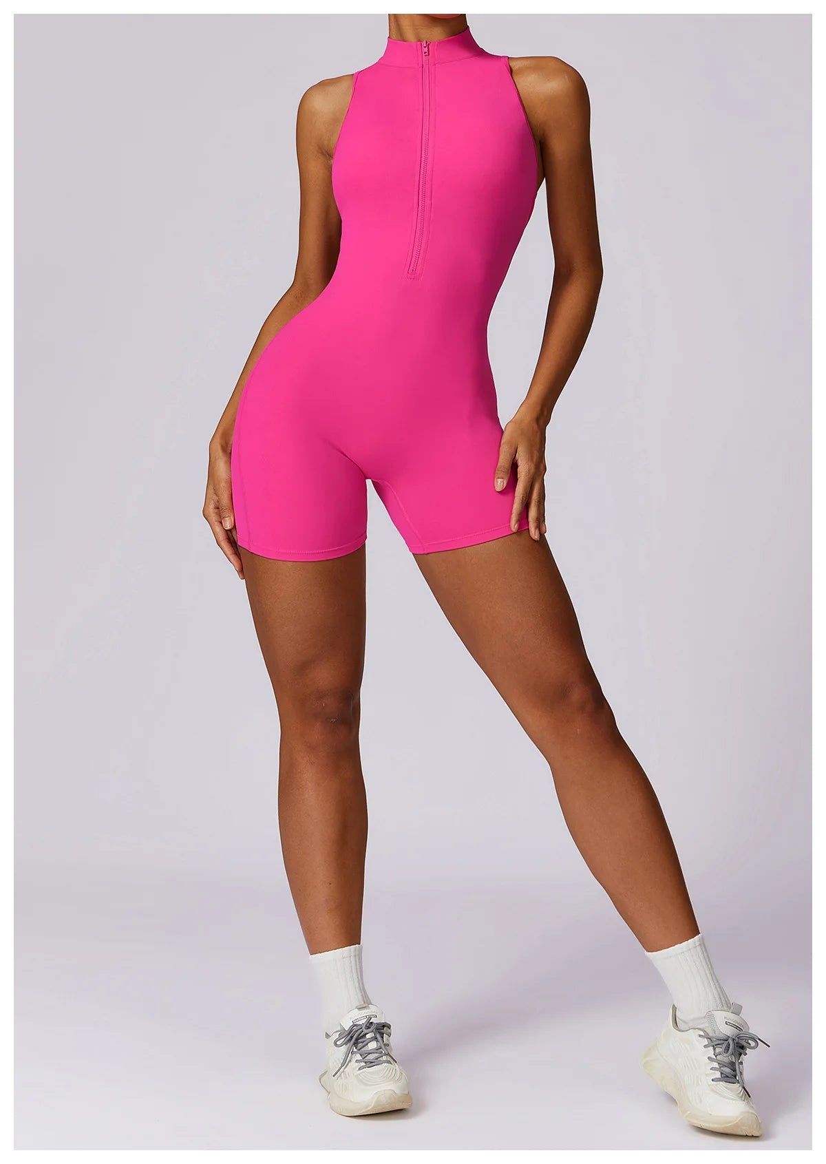 V Back Scrunch Sports Jumpsuit Sleeveless Zipper One-Piece Gym Romper