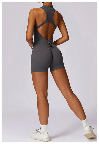 V Back Scrunch Sports Jumpsuit Sleeveless Zipper One-Piece Gym Romper