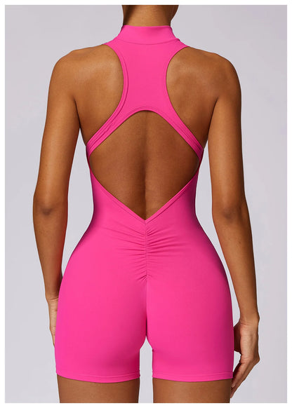 V Back Scrunch Sports Jumpsuit Sleeveless Zipper One-Piece Gym Romper